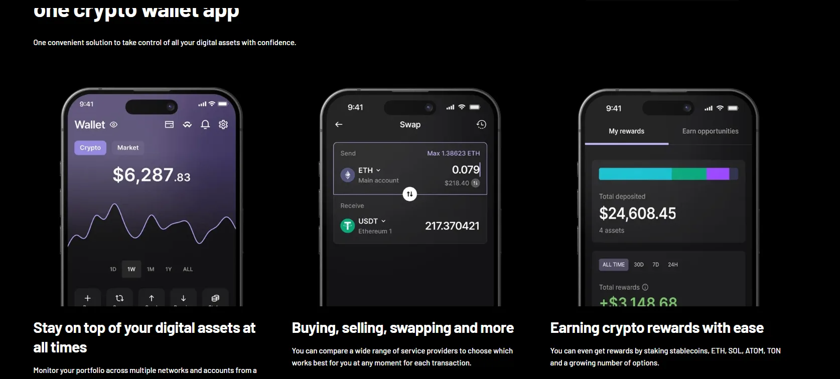 Ledger Wallet 应用的资产、兑换和收益界面